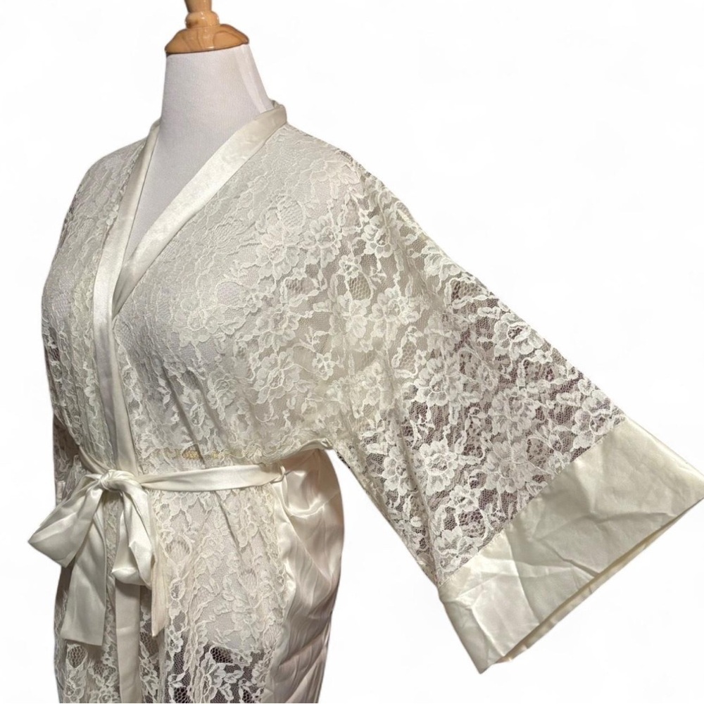 VTG Victoria Secret Gold Label OS Sheer Lace Mini Robe Ivory Satin Floral Kimono - Picture 3 of 6